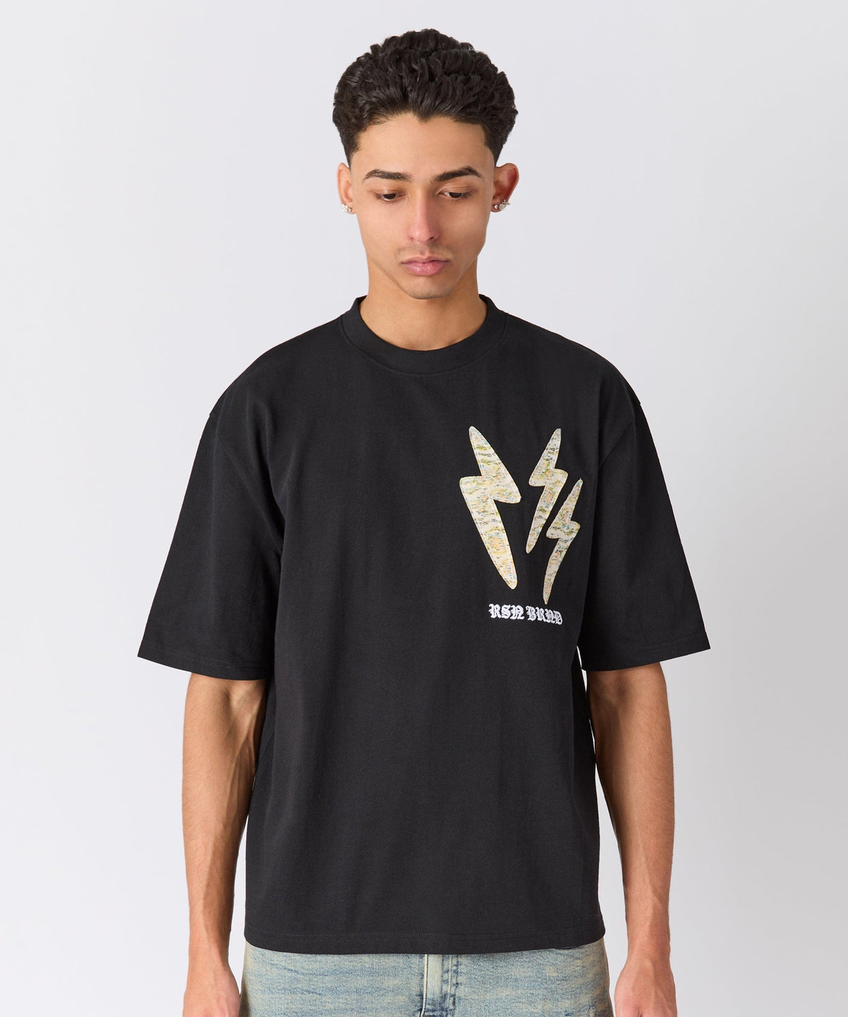 Lightning Bolt Applique Short Sleeve Tee - Black