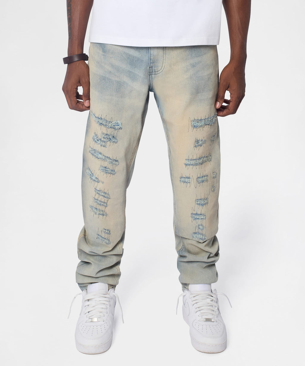 Light Wash Repaired Denim Jeans - Blue
